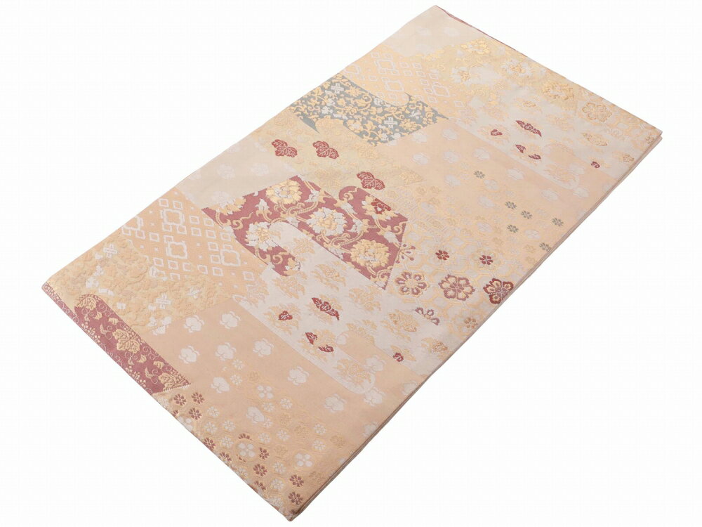 礼装用 お仕立て上がり 正絹 西陣織 証紙付き 名古屋帯 六通柄 薄ブラウン系 nk-313-28【cp】