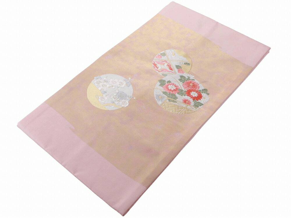 礼装用 お仕立て上がり 正絹 西陣織 証紙付き 名古屋帯 お太鼓柄 淡いピンク nk-313-29【cp】