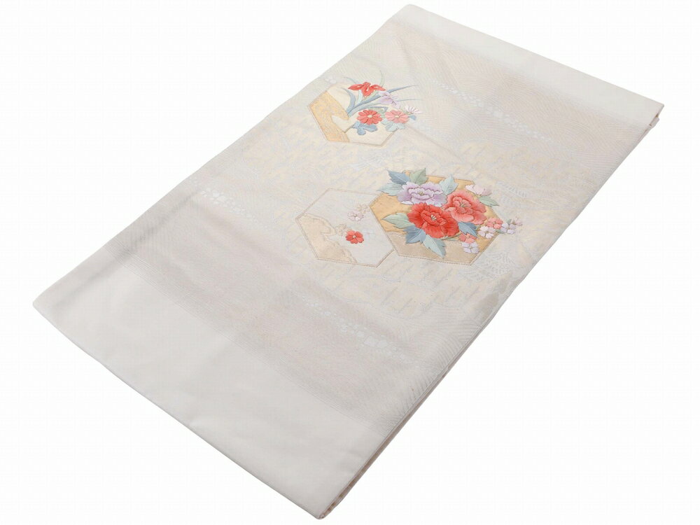 礼装用 お仕立て上がり 正絹 名古屋帯 お太鼓柄 ベージュ地淡いゴールド nk-313-31【cp】