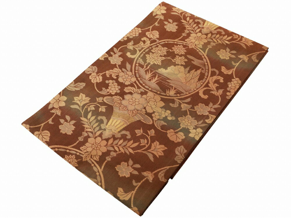 お洒落 お仕立て上がり 正絹 西陣織 証紙付き 名古屋帯 六通柄 ブラウン系 nk-313-36【cp】