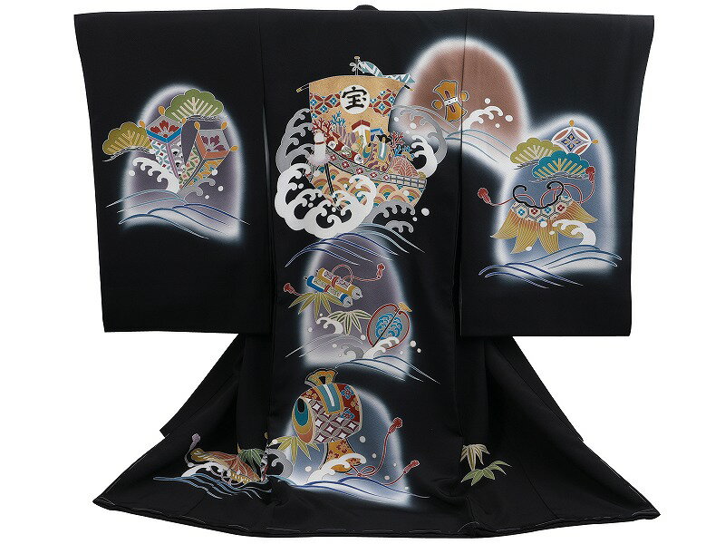 訳あり お宮参り 着物 正絹 長襦袢 セット 男児 男の子 子供 産着 祝着 手描き友禅 黒地 宝船 ud-261【cp】