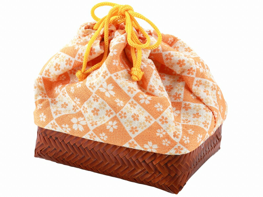 竹かご巾着 かごバッグ 竹籠 お洒落巾着 コンパクトサイズ 茶かご 長方形 桜 オレンジ kk-165-106