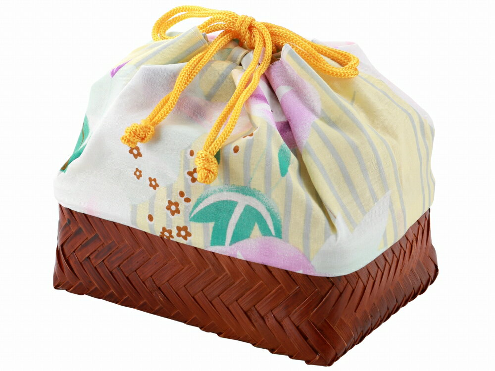 竹かご巾着 かごバッグ 竹籠 お洒落巾着 コンパクトサイズ 茶かご 長方形 朝顔 黄 kk-165-108