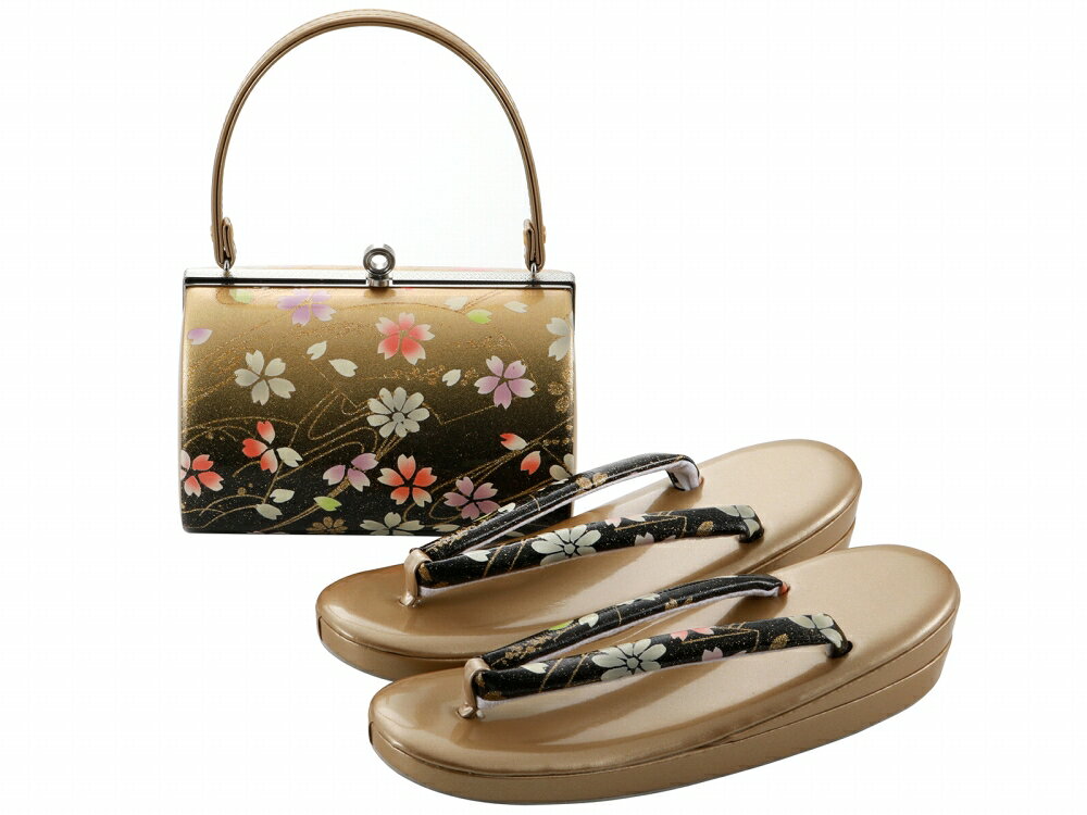 Rakuten - 振袖用 合皮 草履バッグセット 二枚芯 ラメ入り 3Lサイズ 桜 ゴールド bs-376-34