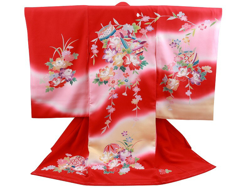 訳あり 正絹 お宮参り 初着 手描き友禅 金加工 着物 長襦袢 セット 女児 女の子 子供 産着 祝着 赤系 un-265