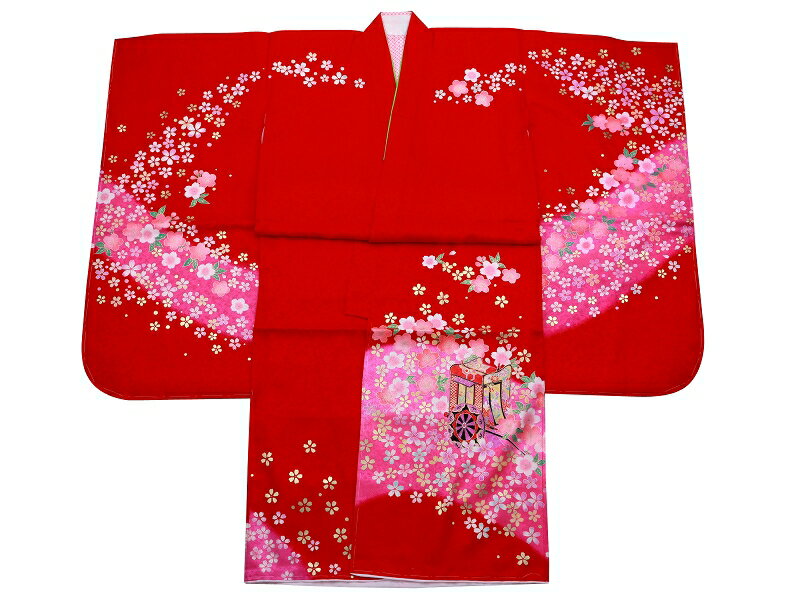 訳アリ 7歳用 正絹 絵羽柄 重ね衿付き 四ッ身着物 襦袢付き 赤着物 7kk-103-D【cp】