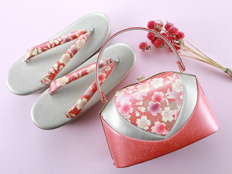 【50％OFF】LLサイズ 振袖用 ラメ入り 金加工 草履バッグセット ローズピンク 桜 bs-348 【ss2603】