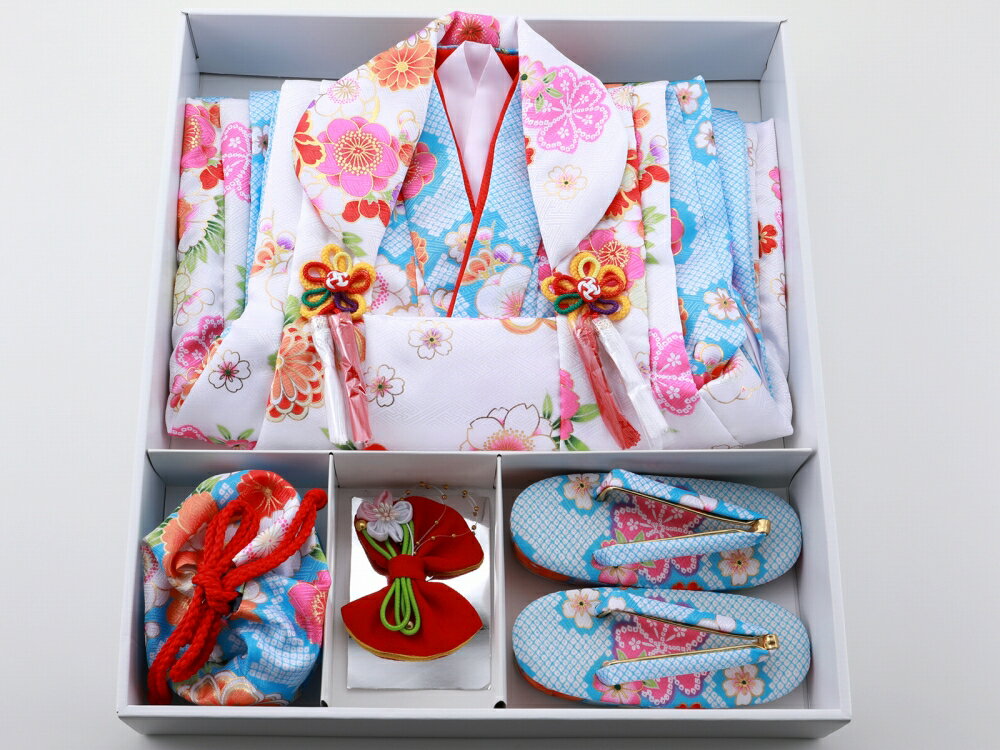 七五三 3歳女の子 総柄 着物 7点セット 被布コートセット 水色着物 fk-38