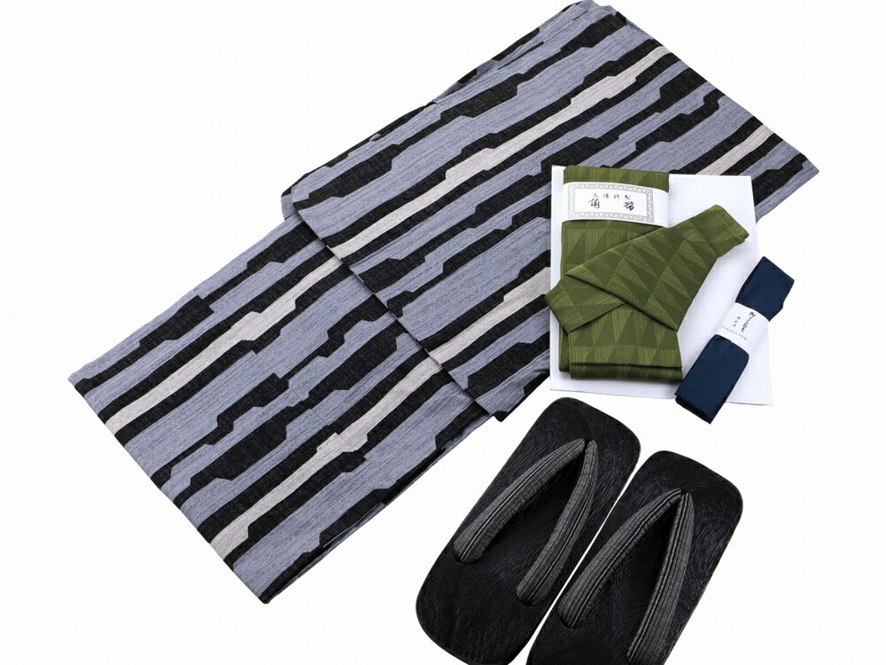 Navy - Zerbino XYLI COOL 涼感加工 紳士 お仕立て上がり 綿 浴衣 帯 下駄 腰ひも 4点セット LLサイズ ms-147-3