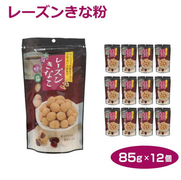 商品名レーズンきな粉85g×12個名称菓子原材料名レーズン（アメリカ製造）（レーズン、食用油脂）、澱粉、きなこ（大豆、食用加工油脂）、砂糖、小麦粉、加工黒糖（原料糖、黒糖）、粉糖、食用油脂、粉末油脂、寒梅粉ミックス／ふくらし粉、酸化防止剤（...