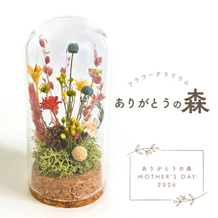 ≪フラワーテラリウム≫ ありがとうの森 　母の日のプレゼントに 　「ありがとう」の気持ちと 　お花を贈りませんか？ 商品概要 商品名 フラワーテラリウムありがとうの森 サイズ 高さ110mm×直径50mm 材　質 ガラス、コルク、ドライフラワー/プリザーブドフラワー（モス・モリソニア・アンモビューム・ピンキーボタン・スターフラワー） 重量 65g 説明 カラフルなプリザーブドフラワーを手のひらサイズのガラスドームの中に閉じ込めたテラリウムです。※画像と実際の商品の色や素材が異なって見える場合がございますのでご了承ください。※水やりの必要はありません。※ガラス素材のため取り扱いには注意してください。 【取扱いのご注意】 本作品はハンドメイドの繊細なアレンジメントです。 末永くお楽しみいただくため、以下の点にご注意ください。 ■ 設置場所について 直射日光・強い照明の当たる場所は避けてください。退色や劣化の原因になります。 高温多湿の場所（浴室・キッチン付近・窓際など）は避けてください。花材が透明化したり、カビの原因となる場合があります。 エアコンの風が直接当たる場所も乾燥やひび割れの原因になります。 ■ お手入れについて ホコリが気になる場合は、柔らかい筆やブロワーで優しく払ってください。 ガラス面は乾いた柔らかい布で軽く拭いてください。 水やりは不要です。絶対に水をかけないでください。 ■ 取り扱いについて プリザーブドフラワーは非常に繊細です。強く触れたり、押したりしないようご注意ください。 ガラス容器は割れ物です。お子様やペットの手の届かない場所でご使用ください。 落下や衝撃により破損する恐れがありますので、移動の際は底を持ってゆっくりお運びください。 ■ 保存期間について 保存環境が良ければ、1〜3年ほど美しい状態を保てます。 自然素材のため、時間の経過とともに多少の色変化が生じる場合があります。 ■ 商品について プリザーブドフラワーは、デザイナーが一つ一つ手作りさせていただいております。 花の咲き方や個体差を考慮し製造しておりますので、商品写真とは配置が若干異なる場合がございます。 また花材の在庫により内容を一部変更する場合がございますので、ご了承ください。 ガラスドームは製造工程上、厚み・気泡・わずかなゆがみなどが生じる場合があります。これらはガラス製品特有の性質であり、品質には問題ございません。 ■ 送料について 北海道、沖縄県、離島など、一部の地域への配送に関しては別途追加送料が必要になる場合がございます。≪　プレゼントに最適　≫ ギフト包装無料！結婚祝い・引越し祝い・誕生日祝いなど各種お祝いに
