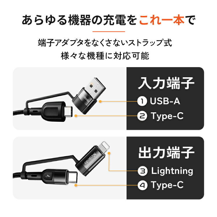 iPhone Type-C USB 4in1 充電ケーブル 1.2m| Apple アップル アンドロイド 急速充電ケーブル 最大60W iOS typec usb ライトニングケーブル TPE PD対応 充電コード 断線防止 2in2 スマホ iPhone Android iPad MacBook Switch Galaxy Xperia AQ