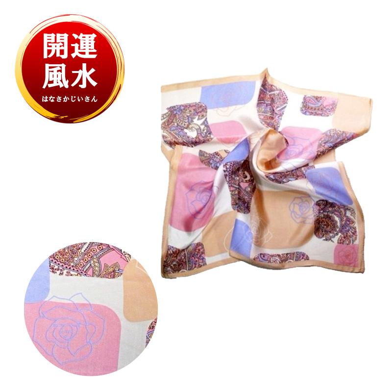 開運風水 シルク100％スカーフ 正方形 ピンク＆華やか幾何柄 色んな巻き方出来る セレブデザイン プレゼントに 4が4つ合わせて幸せ（4あわせ）価格　おばあちゃんにプレゼント　ギフトラッピング無料