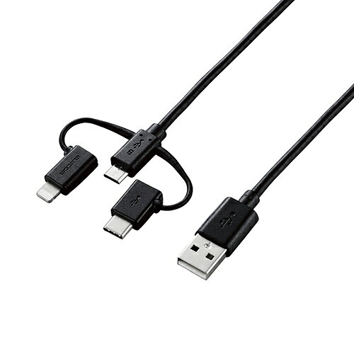 Lightningコネクタ搭載機器、USB Type-Cコネクタ搭載機器、USB micro-Bコネクタ搭載機器の充電/データ通信ができる、変換アダプタつきUSB micro-Bケーブル。USB2.0(micro-B)端子をLightning端子、USB Type-C端子に変換できるアダプタがついた、USB micro-Bケーブルです。 変換アダプタを着脱することで、Lightning端子搭載機器、USB Type-C端子搭載機器、加熱式タバコも含めたUSB micro-B端子搭載機器をパソコンやモバイルバッテリー、ACアダプタと接続して充電/データ通信することができます。※iPadはパソコンからは充電できません。 コネクタをホコリから守るコネクタキャップが付属しています。 コネクタキャップを使用しない際は、ケーブルにクリップしておくことができます。 ゆったり使えるケーブル長1.2mです。 難燃性の素材を使用し、安全性を高めています。 サビに強く信号劣化の少ない金メッキピンコネクタを採用しています。 外部ノイズに強い2重シールドを採用しています。 EUの「RoHS指令(電気・電子機器に対する特定有害物質の使用制限)」に準拠(10物質)した、環境にやさしい製品です。 ※本製品はUSB PD(Power Delivery)非対応です。●コネクタ形状1:Lightning(オス)-USB micro-B(メス) ●コネクタ形状2:USB Type-C(オス)-USB micro-B(メス) ●コネクタ形状3:USB micro-B(オス)-USB A(オス) ●長さ:1.2m ※コネクタ含まず ●使用目的・用途:USB A端子を持つPC及びAC充電器とLightning端子を搭載したiPhone,iPad,iPod、USB micro-BまたはUSB Type-C端子を搭載したスマートフォン、タブレットを接続し、充電・データ通信が可能です。※iPadはPCからは充電出来ません。 ●対応機種(iPhone):iPhone 11 Pro Max,iPhone 11 Pro,iPhone 11,iPhone XS Max,iPhoneXS,iPhoneXR,iPhone X,iPhone 8 Plus,iPhone 8,iPhone 7 Plus,iPhone 7,iPhoneSE,iPhone6s Plus,iPhone 6s,iPhone6 Plus, iPhone 6,iPhone 5s ●対応機種(iPad):iPad Pro 10.5-inch, iPad Pro 12.9-inch (2nd generation),iPad Pro 9.7-inch,iPad Pro 12.9-inch (1st generation),iPad Air (3rd generation),iPad Air 2,iPad Air ●対応機種(iPad):iPad mini (5th generation),iPad mini 4,iPad mini 3,iPad mini 2,iPad (7th generation),iPad (6th generation),iPad (5th generation) ●対応機種(iPod):iPod touch(7th generation),iPod touch(6th generation) ●パッケージ:PET折り箱+紙台紙 ●カラー:ブラック ●保証期間:1年【注意事項】■沖縄・離島は別途送料（税込1,000円）が掛かります。■お取り寄せ品のためメーカーに在庫がない場合がございます。予めご了承ください。■お客様都合による返品は承っておりません。予めご了承ください。