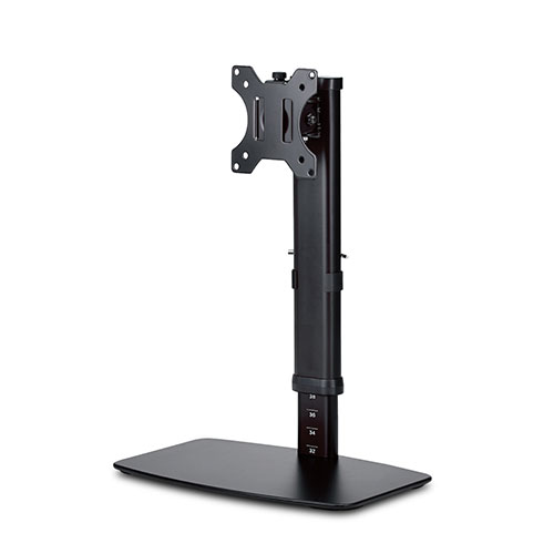 最適な目線に合わせて高さを360〜540mmの間で10段階調整できる液晶ディスプレイスタンドです。■最適な目線に合わせて高さが調整できる液晶ディスプレイスタンドです。 ■高さを360〜540mmの間で10段階調整可能です。 ■17インチから27インチの液晶ディスプレイに対応しています。 ■液晶ディスプレイを水平方向に左30°〜右30°、上下方向に上60°〜下20°、画面回転360°調整可能です。 ■VESA規格(75×75mm、100×100mm)に準拠した液晶ディスプレイに対応しています。 ■液晶ディスプレイからのケーブルをすっきりまとめることができるケーブルホルダー付きです。 ■スタンドの底部にはゴム脚がついているので、机上に設置しても滑りにくく安定してご使用いただけます。■対応サイズ:17〜27インチディスプレイ ■取り付け画面数:1画面 ■軸数:2軸 ■耐荷重:6kg ■対応規格:VESA規格(75×75/100×100mm) ■可動範囲:パン:左30°/右30°、チルト:上60°/下20°、ローテーション:360° ■寸法:約幅320×奥行200×高さ360〜540mm ※VESAマウントを除く ■質量:約4kg ■色:ブラック ■材質:スチール、ABS、PA ■セット内容:ポール×1、 ペース×1、VESAマウント×1、ケーブルホルダー×1、皿ネジ×2、VESAマウント固定ネジ×1、六角レンチ(4mm)×1、六角レンチ(6mm)×1、M4×12ネジ×4、M5×12ネジ×4、M4×16ネジ×4、M5×16ネジ×4、樹脂スペーサー×4、ワッシャー×4【注意事項】■沖縄・離島は別途送料（税込1,000円）が掛かります。■お取り寄せ品のためメーカーに在庫がない場合がございます。予めご了承ください。■お客様都合による返品は承っておりません。予めご了承ください。