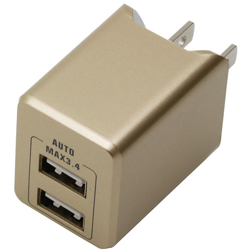 2台同時充電可能、自動判別機能付きUSB2ポート・自動判別機能が付いた3.4Aの高出力モデル ・どのポートからでも充電可能なUSB2ポート ・端末機器2台同時充電可能 ・コンパクトに収納可能なスイングプラグ ・100V〜240Vに対応、海外での使用可能 ※同時充電は合計出力3.4Aの範囲内で可能●カラー:ゴールド ●本体サイズ:(W)34×(H)43×(D)30mm ●コネクタ形状:USB-Aメス×2 ●入力:AC100V〜240V　50/60Hz ●出力:DC5.0V/3.4A(2ポート最大) 保証期間:6ヶ月 生産国:中国【注意事項】■沖縄・離島は別途送料（税込1,000円）が掛かります。■お取り寄せ品のためメーカーに在庫がない場合がございます。予めご了承ください。■お客様都合による返品は承っておりません。予めご了承ください。
