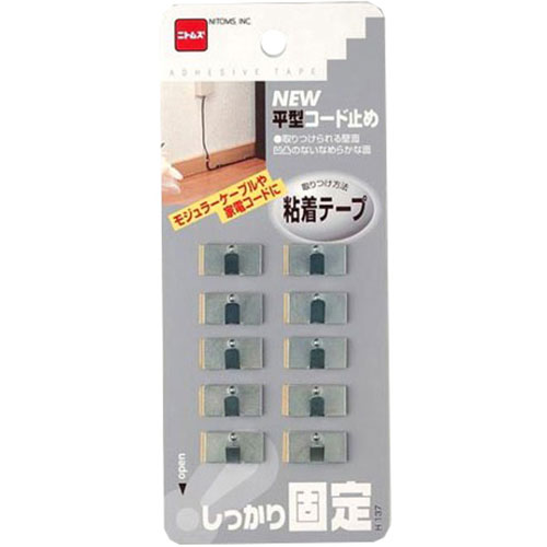 ニュー平型コード止め○家電コードに電話線、からまったコード類をスッキリ整理。商品サイズ(約) : 20×10×12mm 制限荷重 : - 個装サイズ : 75×178×19mm 個装重量 : 15g 防錆処理鉄板、合成ゴム系粘着剤 取りつけタイプ : 粘着【注意事項】■沖縄・離島は別途送料（税込1,000円）が掛かります。■お取り寄せ品のためメーカーに在庫がない場合がございます。予めご了承ください。■お客様都合による返品は承っておりません。予めご了承ください。