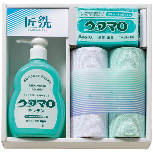 ウタマロ 石鹸・キッチン洗剤ギフトガンコな汚れもしっかり落とす。ウタマロ洗剤でまっしろで気持ちのいい暮らし。メーカー品番 : UTA-155 セット内容 : マイクロファイバークロス(中国)(25×25cm)×2、ウタマロキッチン(300ml)・ウタマロ石鹸(133g)×各1 材質 : クロス…ポリエステル80%・ナイロン20% ※デザイン・内容等が変更になる場合がございます。【注意事項】■沖縄・離島は別途送料（税込1,000円）が掛かります。■お取り寄せ品のためメーカーに在庫がない場合がございます。予めご了承ください。■お客様都合による返品は承っておりません。予めご了承ください。