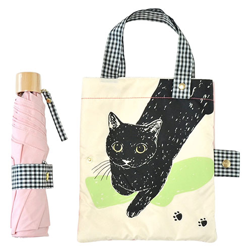 三国 MKN 55cm耐風楽ミニ傘 吸水トートバッグ袋付 黒猫 ピンク S2913806