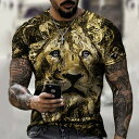 Tシャツ ライオン 半袖 L 黄色 ゴールド 猛獣 百獣の王 アニ