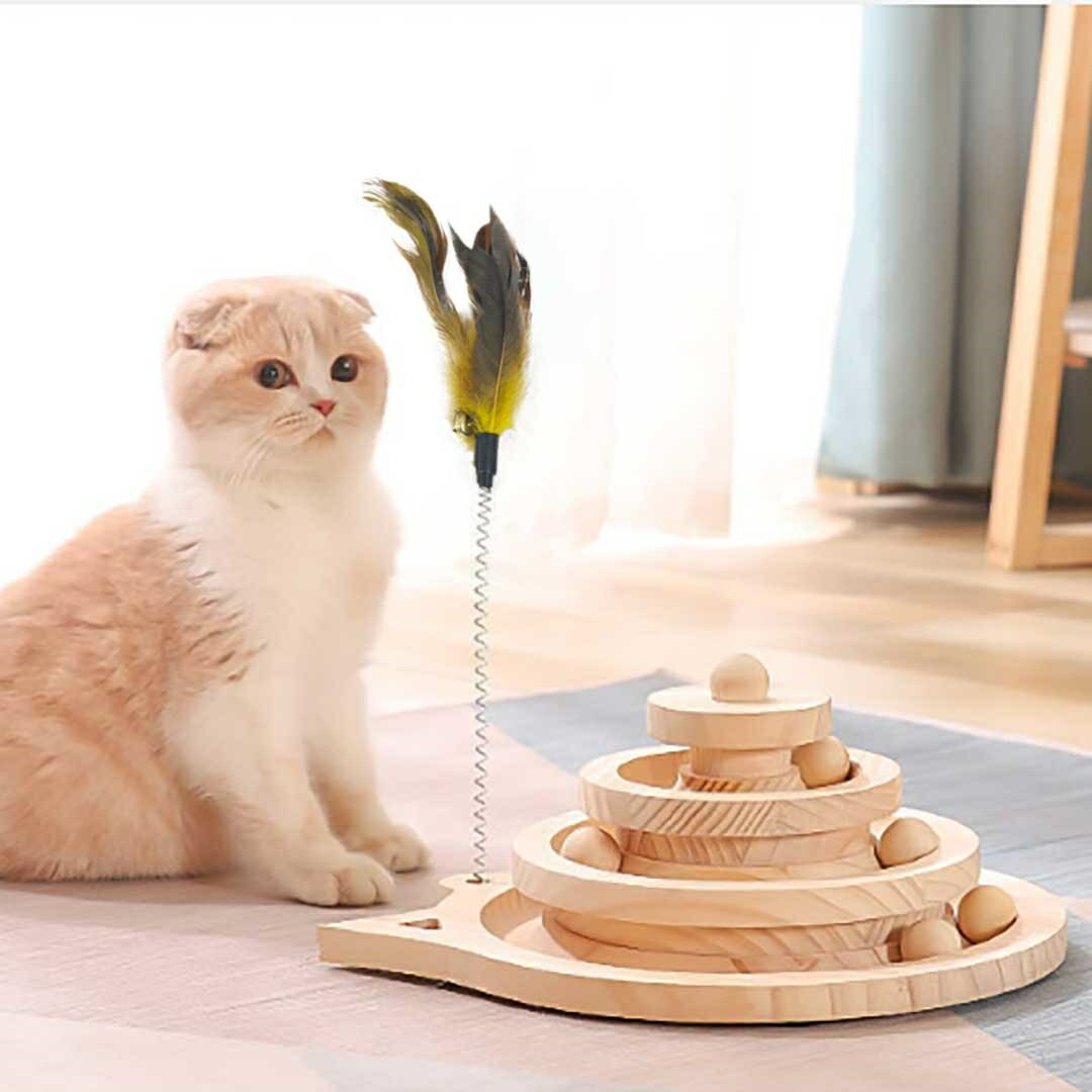 ペット 用品 猫 玩具 木製ボールタワー 猫じゃらし付き 3層タワー ボール