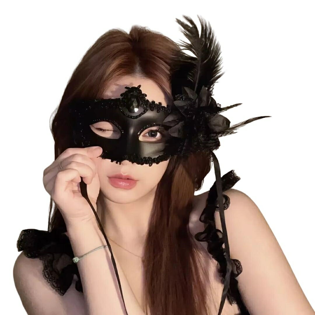 【予約商品納期約1ヶ月】ベネチアンマスク ブラックフラワー 鳥の羽と花の装飾 羽根付き ハロウィン