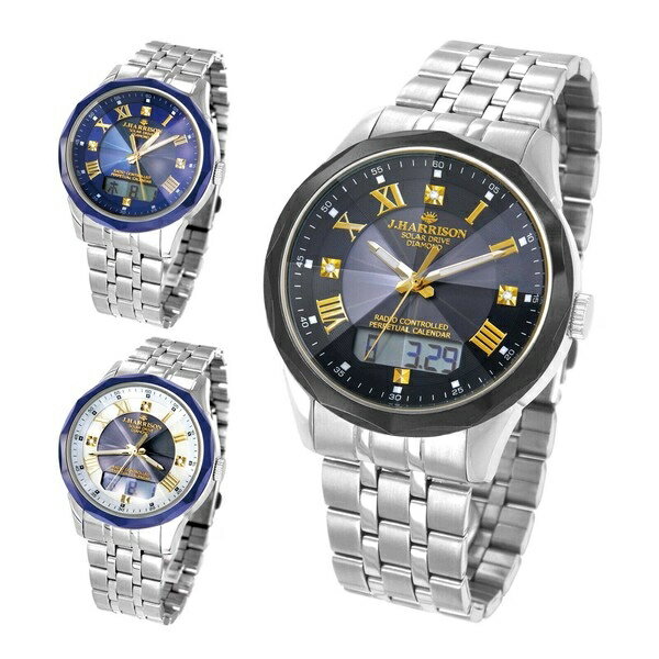 J・ハリソン 天然ダイヤ3石 セラミックベゼル ソーラー電波時計 ネイビー