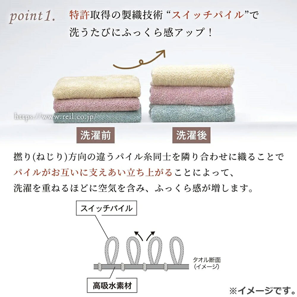 ■商品紹介商品番号：ns-ki-4975942455705触り心地。使い心地。洗い心地。そのたびに変わらない「心地よい」ひとときを。●特許取得の製織技術「スイッチパイル」で洗うたびにふっくら感アップ！撚り方向の違うパイル糸同士を隣り合わせに織ることでパイルがお互いに支えあい立ち上がることによって、洗濯を重ねるほどに空気を含み、ふっくら感が増します。Switch Pile(スイッチパイル)とは：洗ってもパイルがへたりにくく膨らみのある風合いを持続させる製造技術です。●高吸水素材使用で約3倍の吸水力。※日繊商工社比肌に触れない部分(地組織)にマイクロファイバー生地を使用することで、吸水力アップ。やさしく触れるだけで水分を吸水します。●肌に触れる部分は天然コットン100％のやわらかな手触り。ぎっしり詰まったパイル糸に綿100％。脱色や毛羽落ちが少なく、風合いが長持ち。やわらかい肌触りで顔や身体をしっかり包みます。●抗菌・防臭加工がついてさらに快適。部屋干しや夜干しが多い方にも嬉しい機能付きに。※お洗濯後は速やかに洗濯機から取り出し、風通しのいい場所に干してください。●上下のフチ部分に織り柄を入れ、端までお洒落なデザインに。【サイズ】約34×80cm【素材】綿 93％、ポリエステル 7％(パイル：綿 100％)【お洗濯についてのお願い】・色落ち、色移りする事がありますので、他の物とは別にお洗いください。また、濡れたまま放置しないで下さい。・塩素系漂白剤は使用しないで下さい。・毛羽落ちやパイル抜けしやすくなりますので、 柔軟剤のご使用はお避けください。・毛羽立ちやバイル抜けを防ぐため洗濯ネットのご使用をお勧めします。商品の特性上、多少糸抜けや毛羽落ちがありますので、くず取りネットをご使用ください。・乾燥機のご使用はお避け下さい。■サイズ・容量・規格個装サイズ：350X200X25mm個装重量：約130g内容量：1枚製造国：中国【発売元：日繊商工株式会社】■注意事項■こちらの商品はメーカー直送品となります。■メーカーに在庫が無い場合はキャンセルさせていただくことがございます。■お客様ご都合による返品・交換は出来ませんのでご注意ください■北海道、沖縄、離島については別途送料が掛かります。