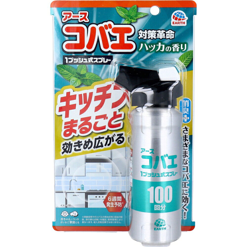 ■商品紹介商品番号：ns-ki-4901080335616消臭+さまざまなコバエに効く！●1プッシュするだけで、薬剤がキッチン全体に広がり、飛び回るコバエを駆除します。●ゴミ箱や生ゴミなどに群がるコバエには、直接噴射で速効駆除します。●コバエの発生源に噴射することで、約6週間コバエの発生を予防します。※閉鎖空間でのコバエの発生抑制(成虫の駆除、卵の孵化抑制)を確認。※使用環境により異なります。侵入抑制効果ではありません。●浴室やトイレ、観葉植物などの植木鉢のまわりにいるコバエにも使用できます。●赤ちゃん・ペットがいるご家庭にも。●ハッカの香り。●楽ちんお知らせQR。お取替え日をスマホが通知。【成分】★有効成分：トランスフルトリン、フタルスリン、エムペントリン【適用害虫】ショウジョウバエ、ノミバエ、キノコバエ、チョウバエ【使用方法】★速効駆除・キッチン全体に：6畳あたり1回の割合でキッチンの中央に向かって噴射。※噴射の際は、窓やドアを閉めること。・直接コバエに：約20cmの距離から、ゴミ箱や排水口等にいるコバエに直接噴射。★発生予防・コバエの発生源に：約20cmの距離から、ゴミ箱や生ゴミ等のコバエの群がる場所に噴射。・初めて使用する際は十分な量が出ないので、2回程度屋外に向かってカラ押ししてから使用する。・過度に傾けて噴射はしない。・ボタンを押しても出にくい場合、缶を正立させて2回程度押してから再度使用する。★効果のあるコバエ・ショウジョウバエ類・ノミバエ類：家庭の台所、生ゴミを入れるゴミ箱まわり・キノコバエ類：観葉植物などの植木鉢のまわり※植物には直接噴射しないでください。・チョウバエ類：浴室やトイレなどの流し、排水口まわり【使用上の注意】・使用前に必ず製品表示を読み、十分に理解した上で使用すること。・定められた使用方法・用途を守ること。・噴射前に噴射口の方向をよく確認し、薬剤が顔などにかからないようにすること。・人体用虫よけ剤(塗布型忌避剤)ではないので、人体には使用しないこと。・人体に向かって噴射しないこと。・薬剤を吸い込まないこと。・万一、身体に異常が現れた場合は、できるだけ本品を持って直ちに本品がピレスロイド系薬剤を含む商品であることを医師に告げて診療を受けること。・噴射中に、薬剤が皮膚や目にかからないように注意すること。・薬剤が皮膚に付いたときは、石けんでよく洗い、目に入ったときは、直ちに水でよく洗い流すこと。・アレルギー症状やかぶれを起こしやすい体質の人は、薬剤に触れたり、吸い込んだりしないようにすること。・噴射口をふさがないこと。・過度に続けて噴射しないこと。・残量が少なくなった場合、十分に薬剤が噴射されなくなることがある。・飲食物、食器、飼料、おもちゃ、観賞魚・小鳥などのペット類、観賞植物などにかからないようにすること。に観賞魚・観賞エビなどの水槽や昆虫のカゴがある部屋では使用しないこと。・ワックス加工面、塗装面、プラスチック、革製品にかからないようにすること。子供や第三者の監督が必要な方には使用させないこと。閉め切った部屋や狭い部屋で使用する場合は、部屋の換気をすること。★保管及び取扱い上の注意・子供や第三者の監督が必要な方の手の届かない所に保管すること。・直射日光や火気を避け、涼しい場所に保管すること。・缶のさびを防ぐため、水回りや湿気の多い場所には置かないこと。・暖房器具(ファンヒーター等)や加熱源の周囲、夏場の車内は温度が上がり破裂する危険があるので置かないこと。★注意：人体に使用しないでください。肌にスプレーする虫よけ剤ではありません。■サイズ・容量・規格個装サイズ：133X210X49mm個装重量：約145g内容量：115mL製造国：日本【発売元：アース製薬株式会社】■注意事項■こちらの商品はメーカー直送品となります。■メーカーに在庫が無い場合はキャンセルさせていただくことがございます。■お客様ご都合による返品・交換は出来ませんのでご注意ください■北海道、沖縄、離島については別途送料が掛かります。
