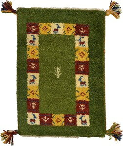 ペルシャンギャッベ 約40×60cm グリーン 玄関マット イラン シラーズ産 ウール 手織 緑 40×60cm