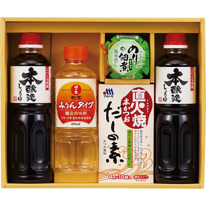 ■商品紹介商品番号：ns-sq-r6595-r02ご飯によく合うのりの佃煮と毎日の調理に役立つ調味料のセットです。■サイズ・容量・規格【パッケージサイズ】305×75×255mm【内容】サンビシ本醸造しょうゆ：500mL×2、日の出割烹みりんタイプ：400mL・島乃香のり佃煮：80g・マルトモ直火焼本かつおだしの素：（4g×10袋）×各1【アレルゲン】小麦・乳【生産国】日本【パッケージ形態】化粧箱入■注意事項■こちらの商品はメーカー直送品となります。■メーカーに在庫が無い場合はキャンセルさせていただくことがございます。■お客様ご都合による返品・交換は出来ませんのでご注意ください■北海道、沖縄、離島については別途送料が掛かります。