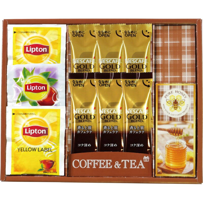 ■商品紹介商品番号：ns-sq-r6612-r02こだわりのカフェラテと紅茶に、やさしい甘さのはちみつを添えて。手軽に贅沢なひとときを楽しめる。上質なティーギフトセットです。■サイズ・容量・規格【パッケージサイズ】240×28×193mm【内容】ネスカフェ ゴールドブレンド×6（カフェラテ7g・カフェラテ（コク深め）7g×各3）、リプトン紅茶×3（イエローラベル×2、ダージリン×1）、純粋はちみつ：15g ×2【アレルゲン】乳【生産国】日本【パッケージ形態】化粧箱入■注意事項■こちらの商品はメーカー直送品となります。■メーカーに在庫が無い場合はキャンセルさせていただくことがございます。■お客様ご都合による返品・交換は出来ませんのでご注意ください■北海道、沖縄、離島については別途送料が掛かります。