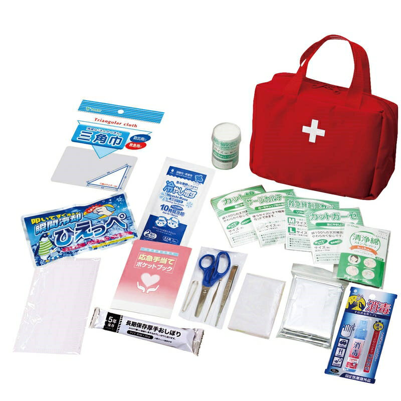 ■商品紹介商品番号：ns-sq-f6025-r06携帯できる本格的な救急バッグです。■サイズ・容量・規格【パッケージサイズ】112×170×235mm【内容】救急バッグ100×230×155mm、カット綿×3枚、カットガーゼ×3枚、包帯、救急絆創膏2サイズ×3枚、サージカルテープ、清浄綿2枚入×3包、ハサミ、ピンセット、毛抜き、耳かき、冷却パック、手指消毒スプレー12mL、三角巾、マスク、防寒シート、熱救急シート2枚、大判厚手おしぼり、ポケットティッシュ、応急手当ポケットブック【材質】救急バッグ：ポリエステル【生産国】中国、日本、インドネシア【パッケージ形態】ダンボール箱入■注意事項■こちらの商品はメーカー直送品となります。■メーカーに在庫が無い場合はキャンセルさせていただくことがございます。■お客様ご都合による返品・交換は出来ませんのでご注意ください■北海道、沖縄、離島については別途送料が掛かります。