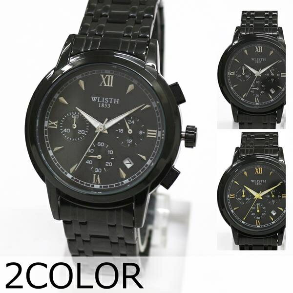 ブラックカラーデザインウォッチ 日付カレンダー メタルベルト クオーツ WSQ025 メンズ腕時計