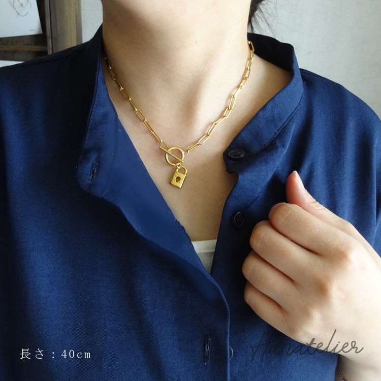 送料無料！【サージカルステンレス】南京錠チャームのマンテルチェーンネックレス nec037　ステンレスネックレス　アレルギー対応 ステンレスネックレス 316L 18KGP 18Kメッキで長持ち＆つけっぱなしOK　URの商品画像 3