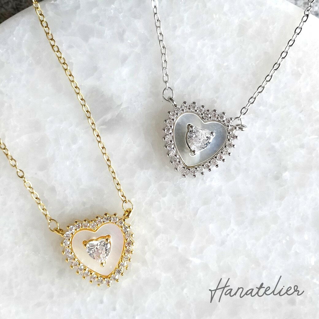 Cubic Zirconia - シェル・ハートのキュービックジルコニアネックレス　nec023