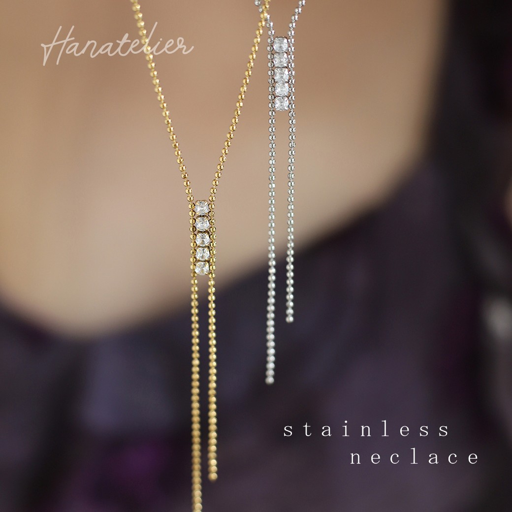 乐天商城 - ステンレス・5粒キュービックジルコニアのボールチェーンネックレス nec058 SILVER　アレルギー対応 ステンレスネックレス 結婚式　パーティ　ブライダル