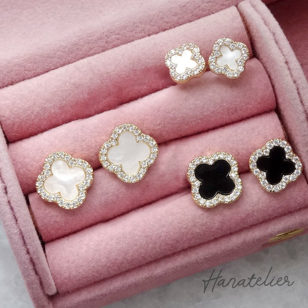 2色3サイズ★キュービックジルコニア縁取りクローバーピアス（シェル風素材）1ペア販売です。【イヤリング加工OK】pie308
