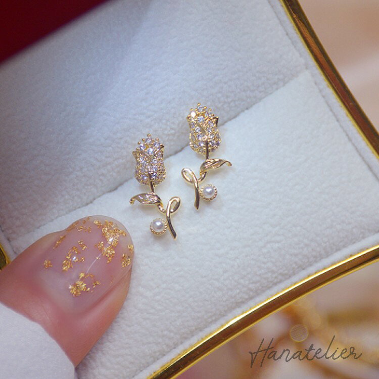 14金メッキ・キュービックジルコニア＆パールのチューリップピアス（pie328）ノンホール加工のみOK　14K　韓国アクセサリー　韓国ファッション　フラワーピアス-3wrの商品画像 2