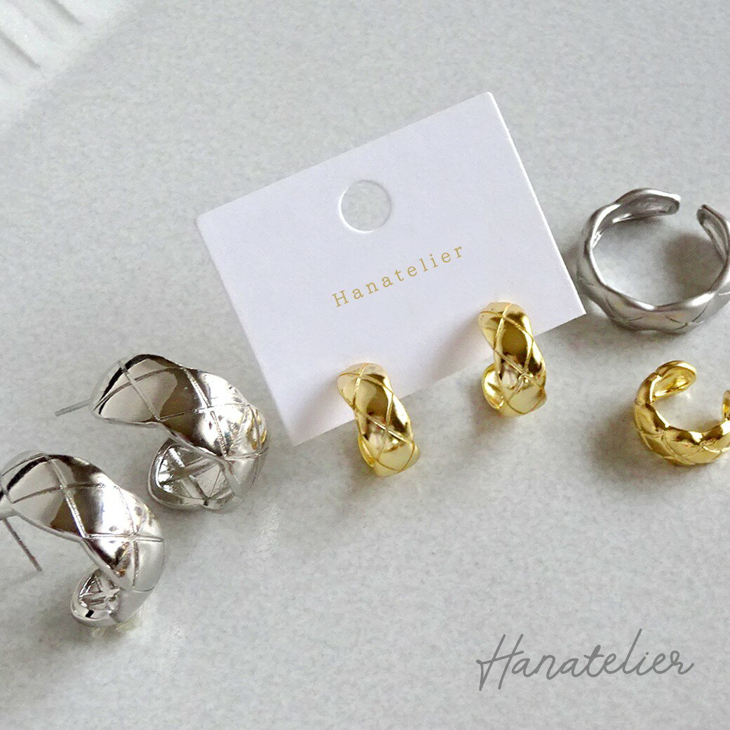 選べる3type・キルティング・メタルフープピアス（大中小×2色）（pie331）ノンホール加工のみOK　キルティング　COCOシリーズ　オフィス　仕事用アクセサリー*3のサムネイル