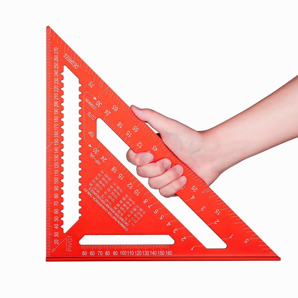 Beslands三角定規 木工用 丸鋸定規 30*30cm 両面目盛り 12インチ アルミ合金 ブラック 分度器 45度ケガキ工具 大工道具 測量用品 0-90度 (レッド)
