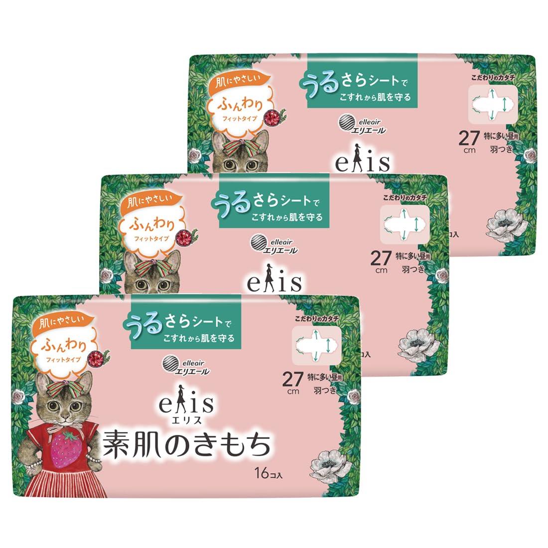 ≪ヒグチユウコ企画品≫ エリス 素肌のきもち 27cm（特に多い昼用）羽つき 16枚×3個 【まとめ買い】のサムネイル