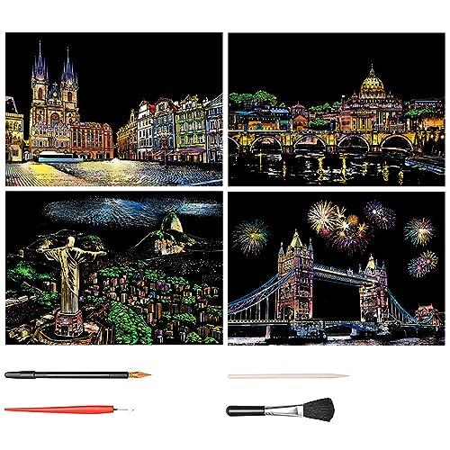 LIANHATA スクラッチアート 4枚入 スクラッチ極細ペン付き 21*29cm A4サイズ スクラッチペーパー レイ..