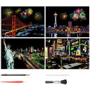 LIANHATA スクラッチアート 4枚入 スクラッチ極細ペン付き 21*29cm A4サイズ スクラッチペーパー レインボー絵 夜景 花火 観覧車 花畑 彫刻アート DIY 削るだけで美しいアート 部屋飾り (アメリカシリーズ)