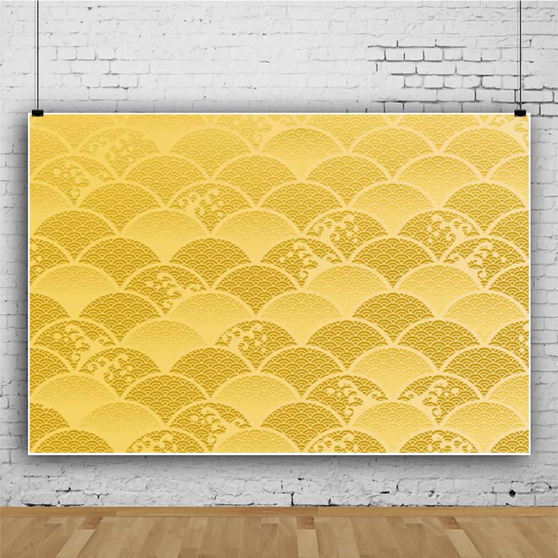 Qinunipoto 背景布 和風 波柄 写真の背景 黄色の波状の背景 3x2.5m 結婚式 誕生日会 ウェディング 写真..