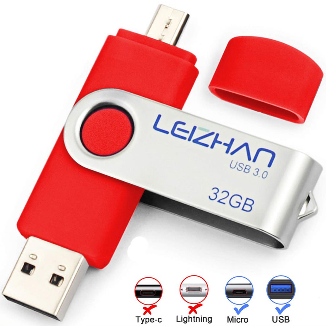 LEIZHAN メモリー・フラッシュドライブ 3.0高速転送 64G レッド 回転式 人気 USB OTG 3.0携帯電話用 容量不足解消 マイクロペンドライブ Android 3.0 Uスティック(64GB,レッド)
