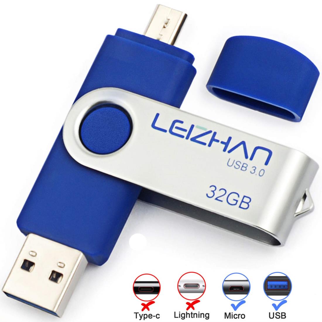 LEIZHAN メモリー・フラッシュドライブ 3.0高速転送 128G ブルー 回転式 人気 USB OTG 3.0携帯電話用 容量不足解消 マイクロペンドライブ Android 3.0 Uスティック(128GB,ブルー)