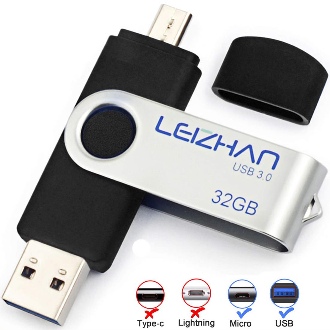 LEIZHAN メモリー・フラッシュドライブ 3.0高速転送 128G 黒い 回転式 人気 USB OTG 3.0携帯電話用 容量不足解消 マイクロペンドライブ Android 3.0 Uスティック (128GB,黒い)