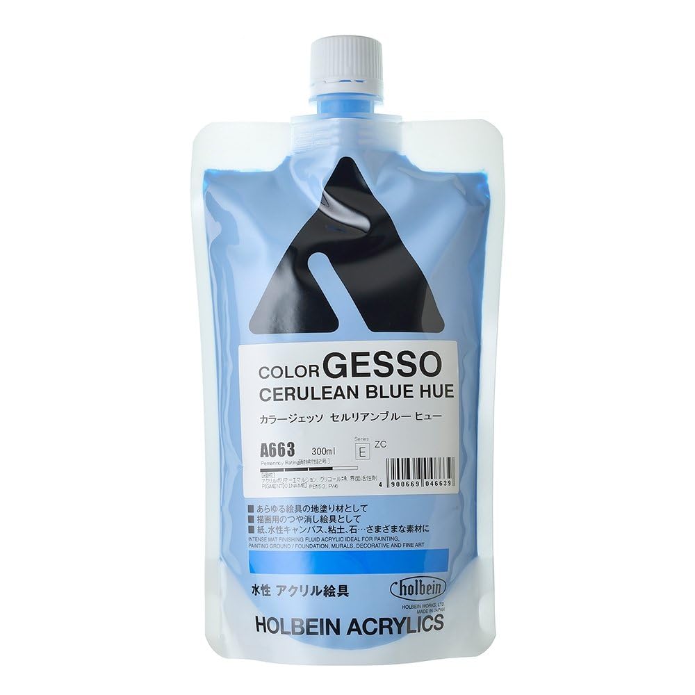 サイズ：300ml◆商品名：ホルベイン カラージェッソ A663 300ml セルリアンブルーヒュー 4663対象性別 :男女共用主な製造国 :日本ジェッソの標準粒子タイプに色をつけたジェッソです。マットな表現のできる絵具としても使うことができます。300ml詰替タイプのセルリアンブルーヒュー色。