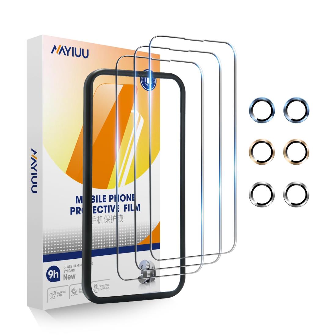NAYIUU HD ガラス スクリ ーン プロテクター i Phone 15 用 6.1 3 パック 3 セットのレンズ フィルム付き取り付けツール付き 9H 指紋防止グリース 気泡なし